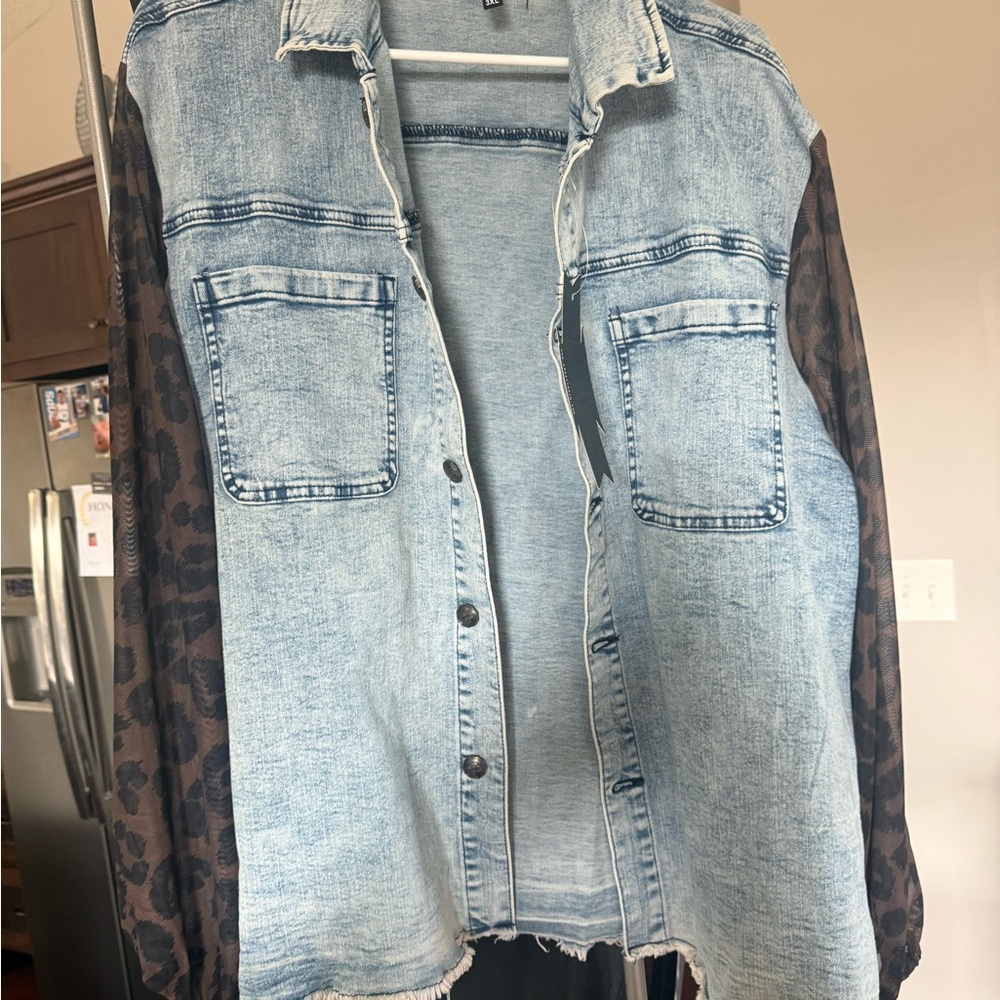 Crazy Train Light Wash Denim Jacket with Brown Leopard Print Sleeves